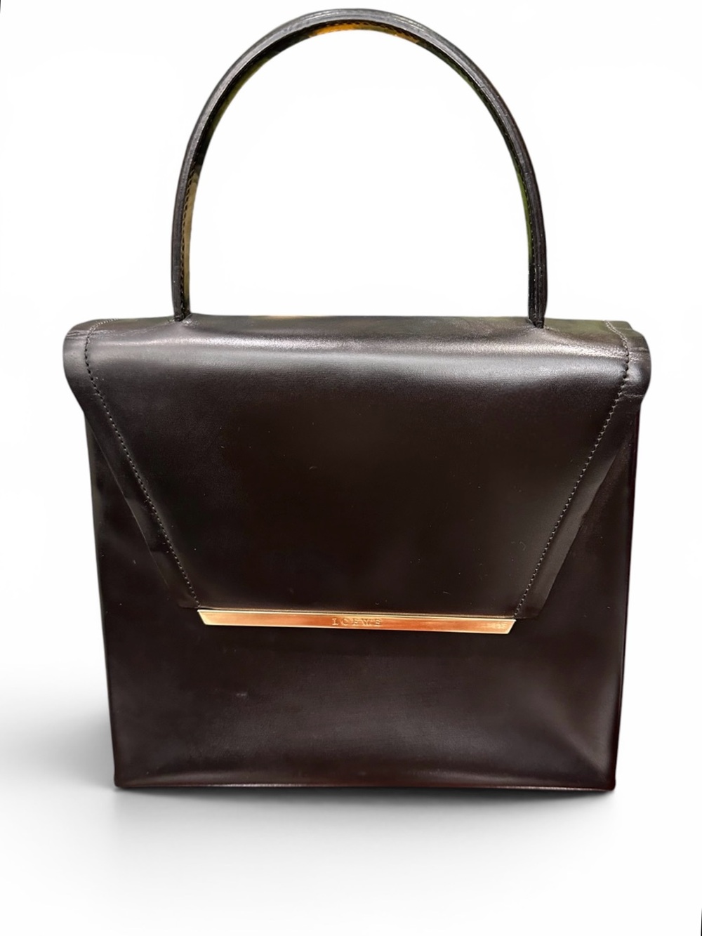Vintage Loewe Madrid Black Leather Top Handle / Crossbody Bag Gold Bar Closure
